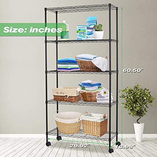 5-Tier Shelving Unit Storage Shelves with Wheels Heavy Duty Metal Storage Rack NSF Height Adjustable for Laundry Bathroom Kitchen Garage Pantry Organization -60″x30″x14″(Black) | The Storepaperoomates Retail Market - Fast Affordable Shopping