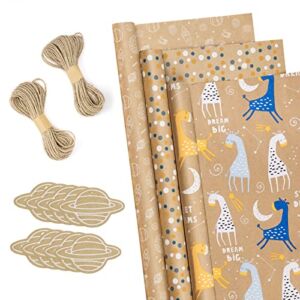 BIOBROWN Wrapping Paper Rolls with Tags and Jute String -Giraffe Designs for Birthday,Holiday, Baby Shower Packing -3 Rolls-17 inch X 10 feet Per Roll