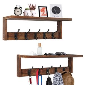 2 Pack Coat Rack Wall Mount with Shelf , BEIUTAO Coat Hooks Wall Mounted(DIY Install), Brown Wall Hooks Decorative, Entryway Rustic Wood Shelf with 5 Metal Hooks for Hanging Coats, Towels, Cups