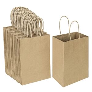 Oikss 100 Pack 5.25×3.25×8.25 Inch Small Plain Natural Paper Gift Bags with Handles Bulk, Kraft Bags for Birthday Party Favors Grocery Retail Shopping Business Goody Craft Bags Cub (Brown 100 Count)