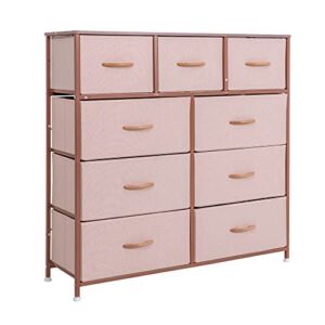 Prime Garden Wide Dresser Storage Tower with 9 Drawers, Steel Frame, Wood Top, Wood Handle, Furniture Fabric Organizer Unit for Bedroom, Hallway, Entryway, Closets, Rose Gold