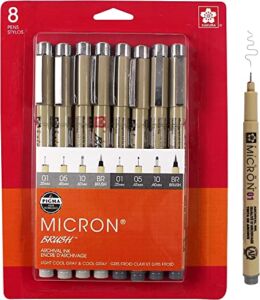 Sakura Pigma Micron Fineliner Pens – Archival Gray Ink Pens – Pens for Writing, Drawing, or Journaling – Assorted Point Sizes – 8 Pack