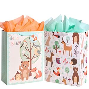 SUNCOLOR 16.5″ Extra Large Gift Bags for Baby Shower with Tissue Paper(2 Pack, Hello Baby!)
