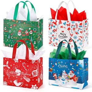Large Christmas Gift Bags with Tissue Paper,12 Pack Reusable Xmas Gift Bags With Handle Christmas Bag Bulk Non-Woven Holiday Gift Bags Christmas Treat Baskets Party Supplies 12.2″ x 9.8″ x 4.5″