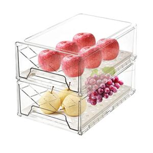 GuoTcusy Fridge Organizer Bins, Pantry Organization and Storage, Plastic Stackable Drawer Container with Removable Drain Tray for Kitchen, Refrigerator and Cabinets (2 PACK, 12.6″L x 8.1″W x 4.3″H)