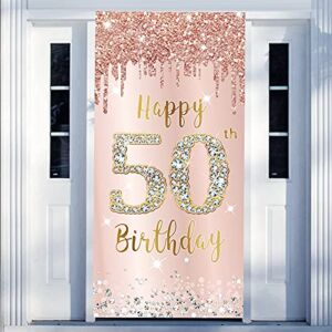 Happy 50th Birthday Door Banner Decorations for Women, Pink Rose Gold 50 Birthday Party Door Cover Sign Backdrop Supplies, Fifty Year Old Birthday Poster Background Photo Booth Props Decor
