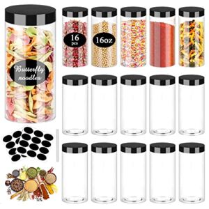 Plastic Jar with Lids 16oz Clear Empty Containers 16Pcs Straight Cylinders Storage Jars with Airtight Black Lid Stackable Refillable Round Plastic Jars for Kitchen Food & Home Storage