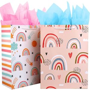 Gift Bag for Girls, Birthday Large Gift Bag Bulk Set Included 2 Pack Paper Gift Bags with Tissue Paper, Rainbow Gift Bags for Kids, Baby, The Colorful Pink Red Gift Bags with Handles, The Pretty Present Bag Gift Bags for Birthday, Party, Baby Shower (12.5