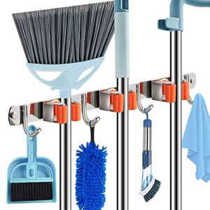 Mop and Broom Holder Wall Mount,Broom Organizer Wall Mount ,Broom Hanger for Home, Kitchen, Garage, Garden, Laundry Room, Bathroom Organization and Storage,3 Clamps 4 Hooks
