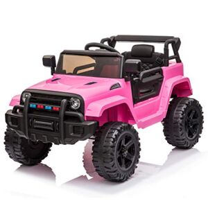Winado Kids 12V Ride On Truck, Battery Powered Electric Vehicle Car w/ Parent Remote Control, Spring Suspension, 3 Speeds, LED Lights, USB & AUX Port Music, Double Open Doors, Safety Belt – Pink