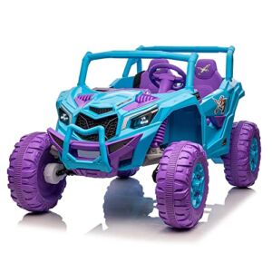 AOKOY 2023 New XXXL 2-Seater Ride On Car, 24V Battery Powered Ride On Toys Side by Side for Kids 3-12yrs Ride On UTV with Remote Control 4×4 Ride On Truck with Bluetooth , Blue&Purple
