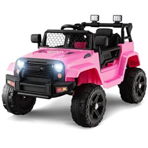 OLAKIDS Kids Ride On Truck, 12V Electric Vehicle Jeep Car with Remote Control, Toddlers Battery Powered Toy with 2 Speeds, Spring Suspension, Double Open Doors, LED Lights, Music, USB, Mp3 (Pink)