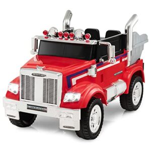Costzon Electric Car for Kids, 12V Licensed Freightliner Ride on Dump Truck w/ Remote Control, Rear Loader, Spring Suspension, Easy-Drag System, MP3 & Music, Gift for Boy Girl, Ride on Car (Red)