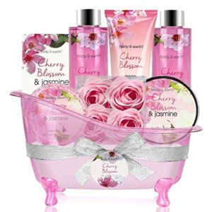 Gift Basket for Women – Spa Gift Baskets Body&Earth 8 Pcs Women Bath Sets with Cherry Blossom & Jasmine Scent Bubble Bath, Shower Gel, Body & Hand Lotion, Bath Salts, Gifts Set for Women