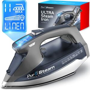 PurSteam Professional Grade 1800-Watt Steam Iron with Digital LCD Screen, 3-Way Auto-Off, Double-Layer Ceramic Soleplate, Axial Aligned Steam Holes, Self-Clean with 11 Preset Steam & Temp Settings