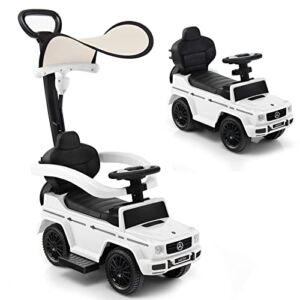 3 in 1 Mercedes Benz G350 Ride on Push Car, Kids Toy Stroller for Toddlers with Push Handle, Baby Foot-to-Floor Sliding Walker with Removable Canopy, Music, Horn, Under Seat Storage (White)
