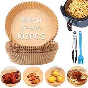 Air Fryer Liners, Air Fryer Disposable Paper Liner, 100 Pcs Air Fryer Parchment Paper for Air Fryer Basket 5-8Qt Clean Easy, 8 In Non-Stick Airfryer Paper Liners Round Sheets with Cooking Tongs Bursh