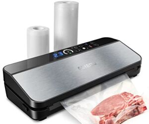 Vacuum Sealer Machine, Digital Display Food Sealer with Built-in Cutter and Bag Storage(Up to 20 Feet Length), Includes 2 Bag Rolls 11”x16’ and 8”x16’, Both Auto&Manual Options,3 Food Modes,2 Pump Speed, Lab Tested, LED Indicator Lights