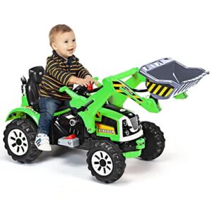 OLAKIDS 12V Kids Ride On Excavator Digger Cart, Battery Powered Construction Tractor with Working Bucket, Horn, Battery Powered Front Loader Digger for Toddlers, Pretend Play Toy Car(Green)
