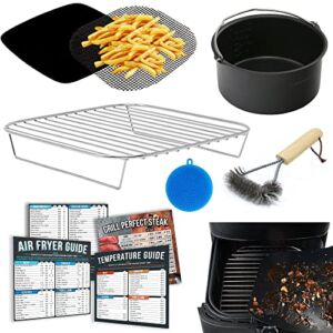 Air Fryer Accessories Compatible with Instant Pot, Chefman, PowerXL, 11pcs Gadget Set Fits Most Square Air Fryers, Includes Airfryer Baking Pan, Rack, Cooking Times Cheat Sheet Magnets by INFRAOVENS