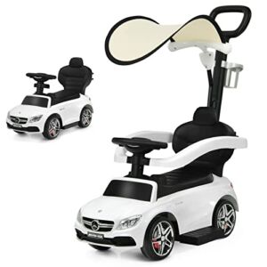 3 in 1 Ride on Push Car, Mercedes Benz Kids Toy Stroller for Toddlers with Push Handle, Baby Foot-to-Floor Sliding Walker with Removable Canopy, Music, Horn, Under Seat Storage (White)