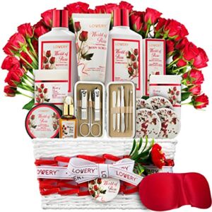Christmas Gifts, Spa Gifts for Women, Bath and Body Gift Set, Red Rose Gift Basket, 35Piece Stress Relief Spa Kit, Thank You, Birthday, Mom – Nail Care Kit, Body Scrub, Bubble Bath, Bath Bomb & More