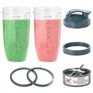 2 Blender Cups 32oz & Blade Replacement Set for NutriBullet 600w & 900w Blenders (plus 1 Flip-Top To-Go Lid / 1 Lid Ring/Extractor Blade / 2 Rubber Gaskets)