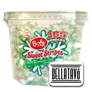 Wintergreen Soft Peppermint Candy Bundle. Includes One-165 Ct Tub of Bobs Sweet Stripes Soft Wintergreen Candy Plus a BELLATAVO Fridge Magnet! These Individually Wrapped Mints are Gluten Free!
