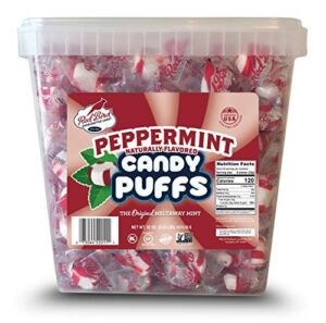 Red Bird Soft Peppermint Candy Puffs 52 oz Tub w/Handle; Mints are Individually Wrapped, Gluten Free, Kosher, Free from Top 8 Allergens, Made with 100% Pure Cane Sugar