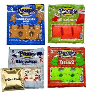 Peeps Christmas Marshmallow Candy Assortment, 4 Pack Gingerbread Men, Snowman, Christmas Trees, and Stockings Holiday Theme Mini Marshmallows 3 oz Packs with Nosh Pack Mints