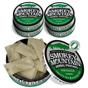 Smokey Mountain Caffeinated Pouches – Wintergreen – Tobacco Free and Nicotine Free – 5 Can Box – 15 Pouches Per Can