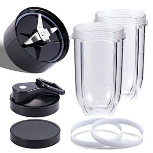 MB1001 16oz 7PCS Blender Replacement Parts 250W Compatible for Magic Bullet with blender cups & Premium Extractor Cross Blade & 2 Extra Gasket & Flip-Top To-Go Lid & Flat Lid MBR Series