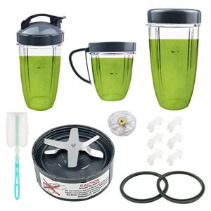14 Pieces Blender Replacement Parts Extractor Blade and Cups for NutriBullet 600w & 900w Series, Including Gasket Shock Pad and Gear (1 Blade + 3 Cups + 1 Lids)
