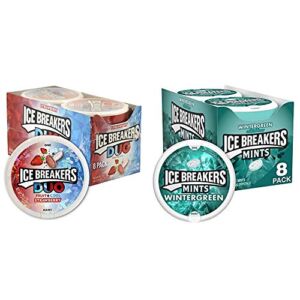 Ice Breakers Sugar Free Duo Mints, Strawberry Fruit and Cool, 1.3 OZ, Pack of 8 & Mints, Wintergreen, Sugar Free, 1.5 Ounce (8 Count)