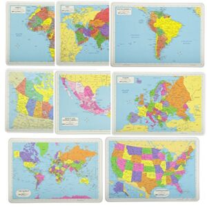 Painless Learning Educational Placemat Sets; USA, World, Europe, Asia, Africa, South America, Central America, Canada Maps [Set of 8]