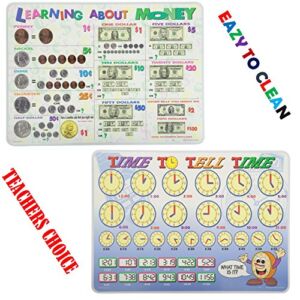 Painless Learning Educational Placemats for Kids Time and Money Set of 2 Non Slip Washable
