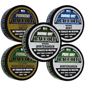 BaccOff, Premium Tobacco Free, Nicotine Free Snuff Alternative, Mint Pouches, Mint Rough Cut, Extra Wintergreen Fine Cut, Wintergreen Rough Cut, and Wintergreen Pouches Variety Pack #1 (5 Cans)
