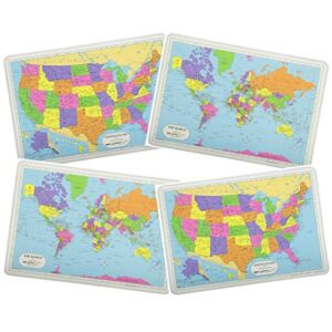 Painless Learning Educational Placemats Sets 2 USA Maps and 2 World Maps Non Slip Washable