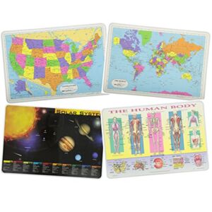 Painless Learning Educational Placemats for Kids USA and World Maps, Solar System, The Human Body Laminated Washable Reversible Activities Set of 4