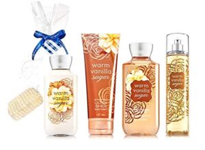 Bath & Body Works Warm Vanilla Sugar Gift Set – Body Lotion – Body Cream – Fragrance Mist & Shower Gel + FREE Sisal Sponge