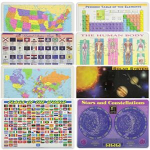 Painless Learning Educational Placemats for Kids USA Map, States Flags, World Map, World Flags, Periodic Table, Human Body, Solar System, Stars 8 Pack