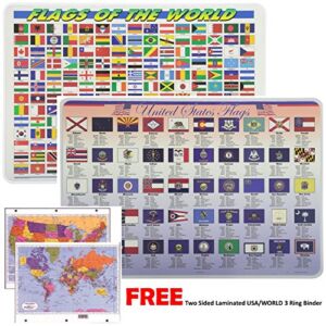 Painless Learning Educational Placemats for Kids Laminated Flags of The World and Unites States Flags Set Free Two Sided United States/World Maps 3-Ring Binder Washable