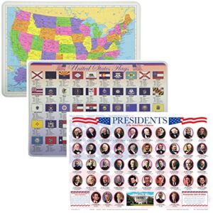 Painless Learning Educational Placemats USA Map Presidents and State Flags Set Non Slip Washable