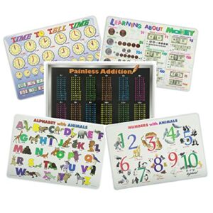 Painless Learning Educational Kids Alphabet, Numbers, Telling Time, Money, Addition Laminated Washable Reversible Activities Set of 5 Placemat, Multi Color