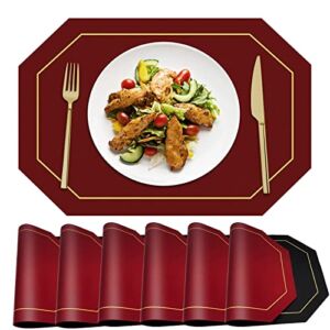 Reversible Placemats Set of 6 – MYGCCA Faux Leather Heat Resistant Placemats Washable Table Mats Waterproof Wipeable Place Mats for Dining Table Wedding Coffee Shop Decorations (Wine Red and Black)
