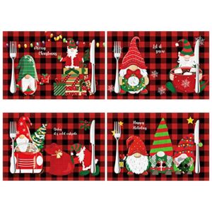 Merry Christmas Red Buffalo Plaid Placemat Table Mat Farmhouse Red Place Mats Christmas Placemat Country Holiday Table Decoration for Christmas Party, 12 x 18 Inch (4, Gnome)