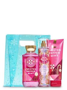 Bath and Body Work TWISTED PEPPERMINT Snowflakes Bag Gift Set – Body Cream – Fine Fragrance Mist and Shower Gel