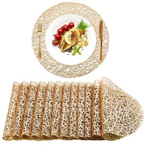 12 Packs Gold Round Placemats 15 Inch Hollow Out Pressed Vinyl Place Mats Heat Resistant Woven Gold Placemats for Christmas Dinner Table Winter Holiday Party Wedding Centerpiece Decoration