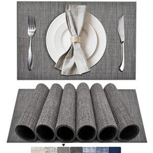 BETEAM Placemats Set of 6, Woven Vinyl Placemats, Washable & Durable Table Placemats, Indoor/Outdoor Use Table Mats, Grey