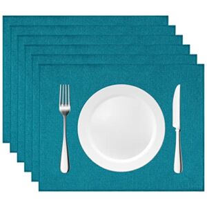 Jehdhe Cotton Linen Placemats Set of 6, Cloth Placemats Machine Washable Fabric Heat Resistant Farmhouse Place Mats for Dining Table, 11.8 x 15.7 Inch, Teal